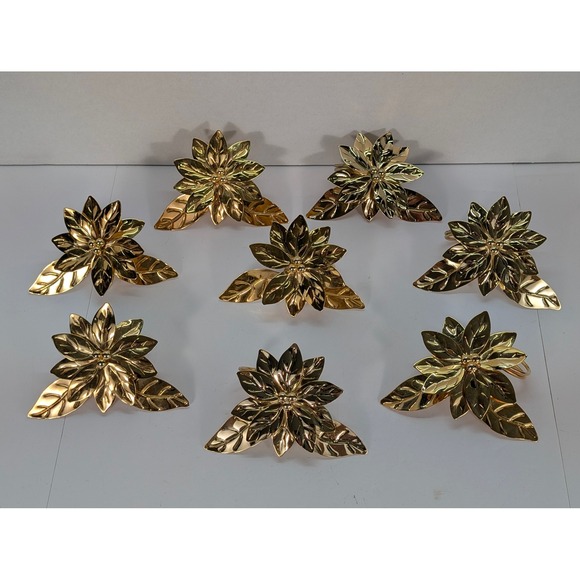 Set of 8 Shiny Gold Tone Metal Poinsettia Napkin Rings Holiday Table Decor - Picture 1 of 6
